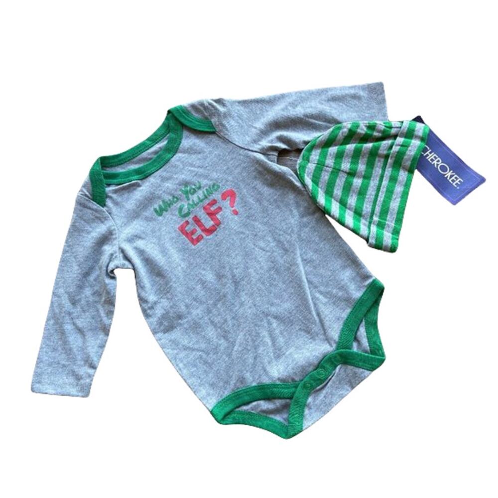 Cherokee Boys Girls Bodysuit Hat Size 3 Mo Who You Calling Elf Green Gray‎ NEW